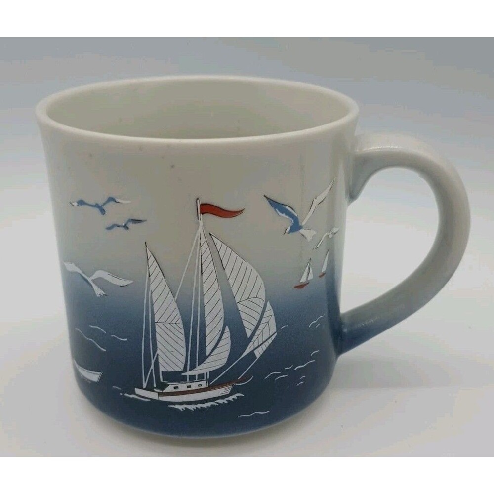 Vintage Otagiri Mug Ocean Beach Bay Sailboats Sea Gulls Blue Grey Red